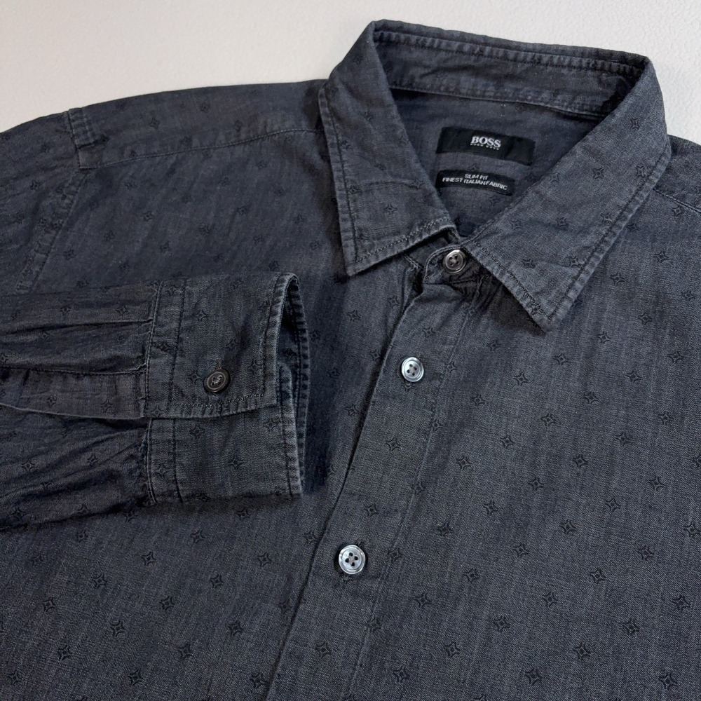 Hugo Boss Ronni Shirt Men L Gray Geometric Slim Fit Cotton Finest Italian Fabric